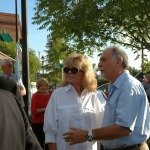 Alex Palkovich and Darla Moore discussing the sculpture after the unveiling.