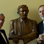 Senator Leatherman sculpture with Senator Leatherman and Alex at the FMU Performing Arts Center